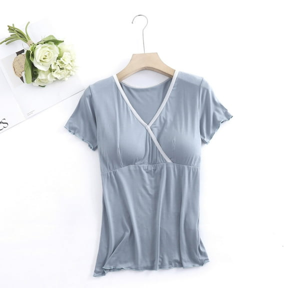 YanHong Nursing Tops Built-in Bra Cotton Womens Pregnant Woman V-Neck Pullover Short Sleeved Casual White Stripe Breastfeeding Top Short Sleeved Round Neck Top Blue L