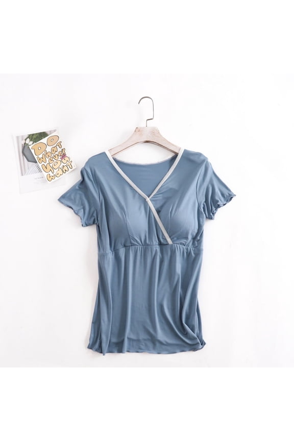 Nursing Tops Built-in Bra Cotton Womens Pregnant Woman V-Neck Pullover Short Sleeved Casual White Stripe Breastfeeding Top Short Sleeved Round Neck Top Blue M