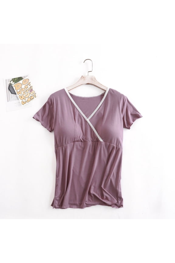 Nursing Tops Built-in Bra Cotton Womens Pregnant Woman V-Neck Pullover Short Sleeved Casual White Stripe Breastfeeding Top Short Sleeved Round Neck Top Purple M