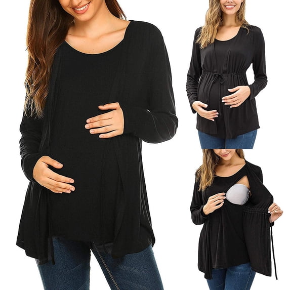 YanHong Nursing Tops Cotton Women Long Sleeve Double Layer Nursing Tops T-shirt for Breastfeeding Black S