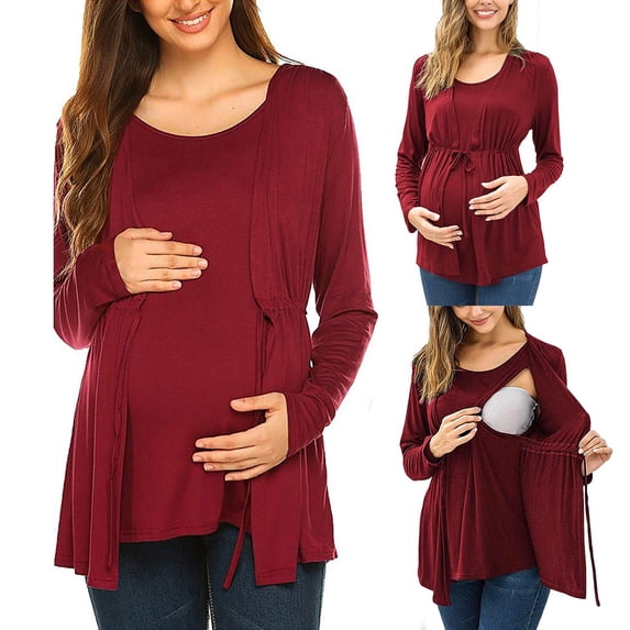 YanHong Nursing Tops Cotton Women Long Sleeve Double Layer Nursing Tops T-shirt for Breastfeeding Red S