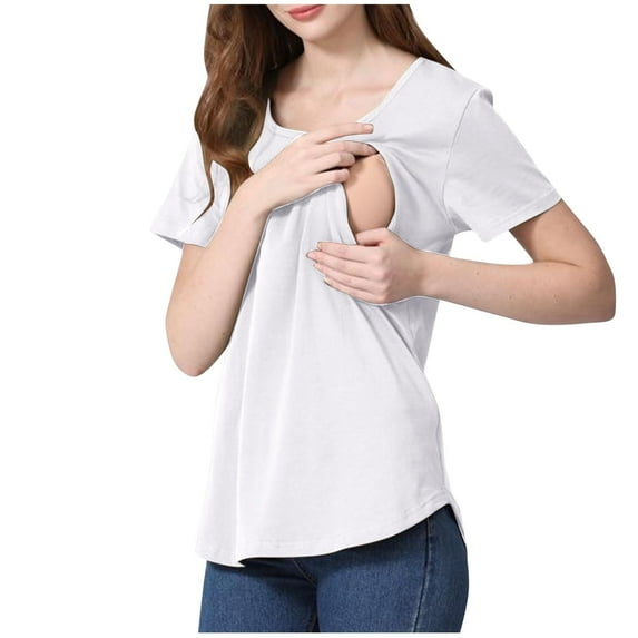 YanHong Nursing Tops Cotton Women's Solid Color Nursing Clothes Short Sleeved T-Shirts for Pregnant Women Nursing Clothes White XL