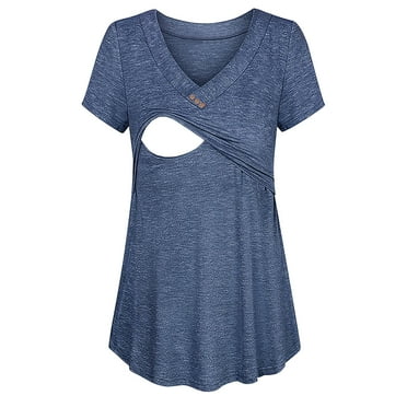 YanHong Nursing Tops Plus Size Spring Summer Cotton Ladies Plus Size Solid Color Short Sleeve Pregnant Woman Breastfeeding Casual Tops Blue XXL