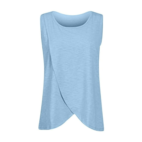 YanHong Nursing Tops Plus Size Spring Summer Cotton Womens Nursing Solid Color Round Neck Sleeveless Round Neck Breastfeeding Blouse Blue XXL