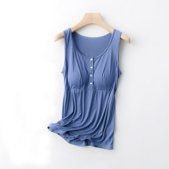 YanHong Nursing Tops Plus Size Spring Summer Nursing Tops for Breastfeeding on Built-in Bra Plus Size Women's Sleeveless Sleeve Solid Color Round Neck Tops Tank Tops Blue XL