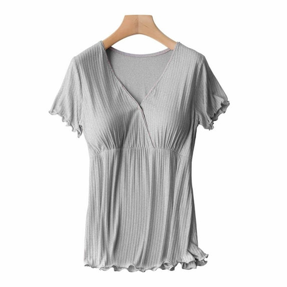 YanHong Nursing Tops Plus Size Spring Summer Pregnant Womens Nursing Color Round Neck Short Sleeve Round Neck Breastfeeding Blouse Gray M