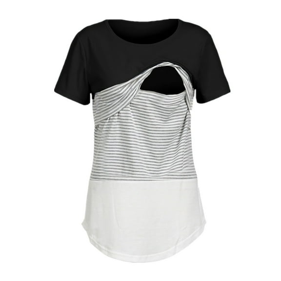 YanHong Nursing Tops for Breastfeeding on Stripe Splicing Short Sleeve T-shirt Pregnant Women Blouse Tops Black S