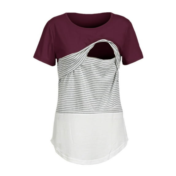 YanHong Nursing Tops for Breastfeeding on Clearance Stripe Splicing Short Sleeve T-shirt Pregnant Women Blouse Tops Red M