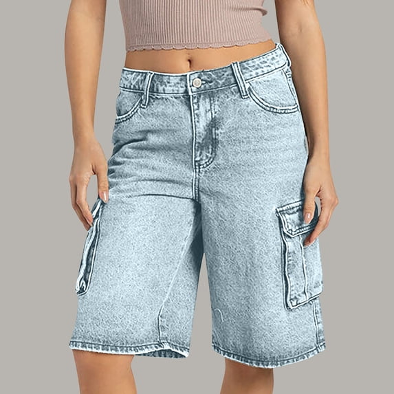 YanHong Shor ts for Women Jeans Womens Shorts Denim Women Solid Color Casual Pocket Button Straight Tube Washed Work Pants Denim Five Quarter Pants Blue L