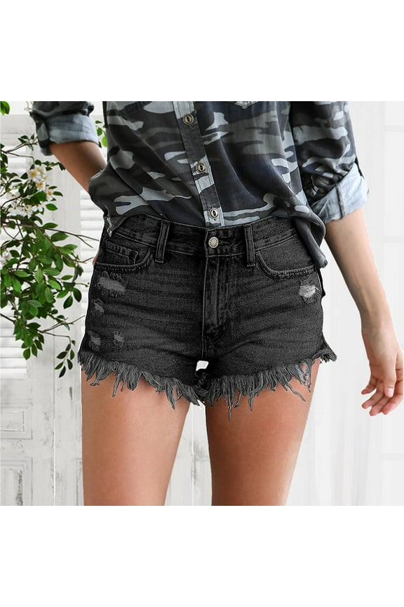 Shor ts for Women Jeans Womens Shorts Denim Women's Stretchy Denim High-Waist Shorts Frayed Ripped Shorts with Pockets Pants Black S