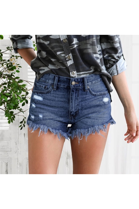 Shor ts for Women Jeans Womens Shorts Denim Women's Stretchy Denim High-Waist Shorts Frayed Ripped Shorts with Pockets Pants Blue XXL