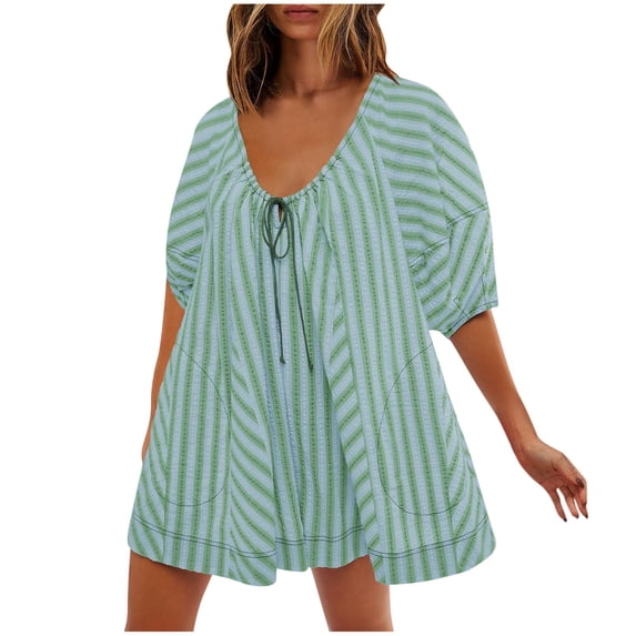 YanHong Shorts for Women Clearance Woman Fashion Print Round Neck Drawstring Short Sleeve Pockets Jumpsuit Blue L