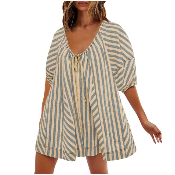 YanHong Shorts for Women Clearance Woman Fashion Print Round Neck Drawstring Short Sleeve Pockets Jumpsuit Brown M