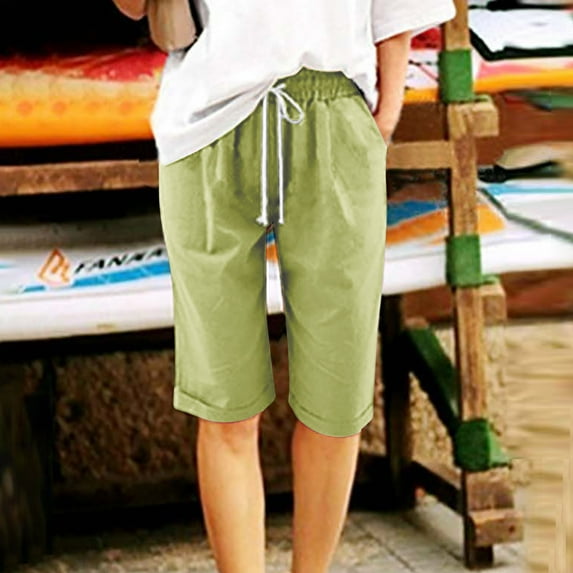 YanHong Womens Shorts Clearance Plus Size Women's Summer Solid Color Pockets Solid Color Elastic Waist Half Shorts Pants Green XXXXXL