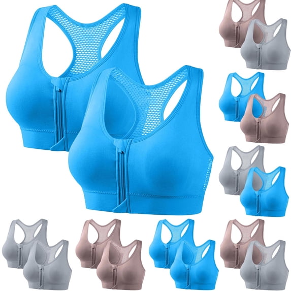 YanHoo 2 Pack Sports Bras for Women Push Up Zip Front Closure Bra Comfortable Wireless Mesh Bralettes Breathable Racerback Yoga Bra