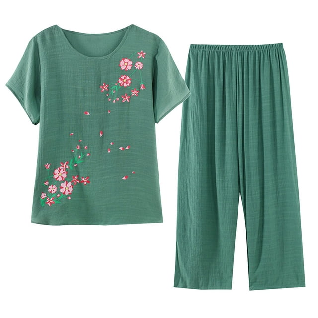 YanHoo 2 Piece Linen Set for Women Cotton Linen Pajama Outfits Summer ...