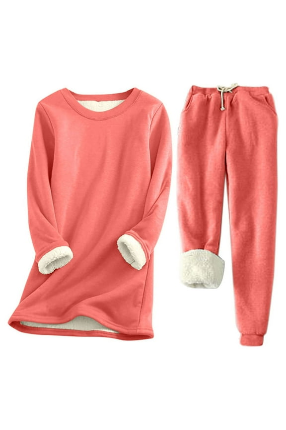 2 Piece Lounge Set Women Fuzzy Fleece Sherpa Plush Pajama Set Women Winter Warm Thick Cozy Fuzzy Sherpa Fleece Lined Underwear 2 Piece Crewneck Sweatshirts Tops Pants Set Sales