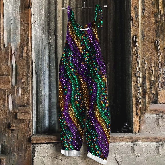 YanHoo 2026 Mardi Gras Casual Jumpsuits for Women Sleeveless Rompers Masks Graphic Party Vacation Travel Outfits with Pockets