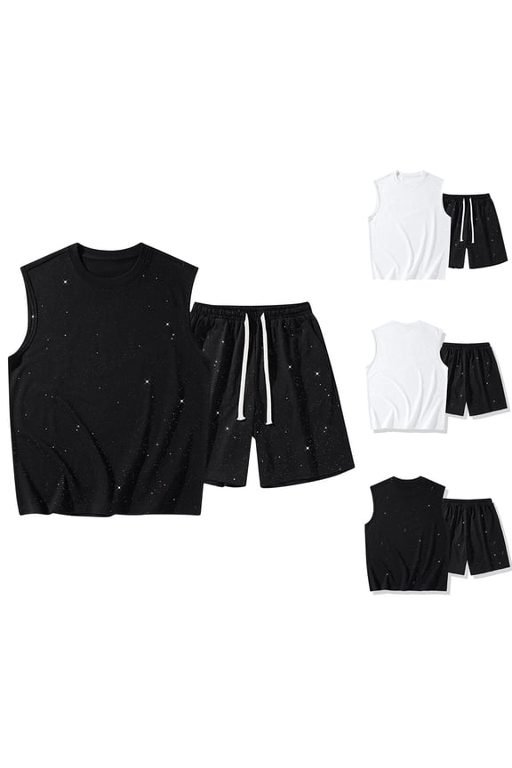 2026 Mens 2 Piece Set Shiny Casual Workout Tank Tops Drawstring Elastic Waist Shorts Sets Sleeveless Summer Beach Loungewear Black,L