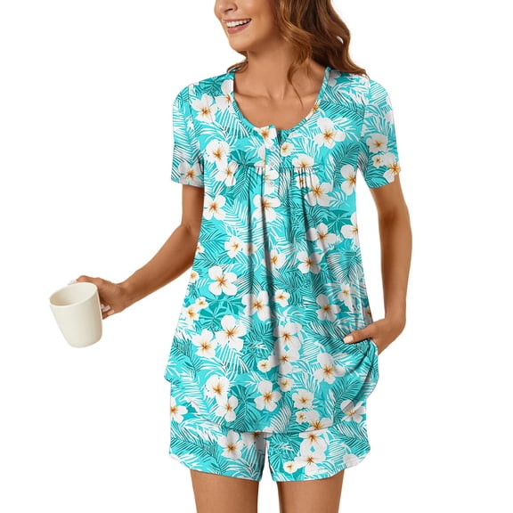 YanHoo 2026 Pjs for Women Henley Neck Short Sleeve & Shorts Set Casual Loose Fit Summer Sleepwear with Pockets S-3XL