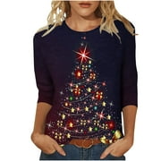 YANHOO 3/4 Length Sleeve Womens Christmas Tops Funny Xmas Graphic Tee Shirts 3/4 Sleeve Crewneck Shirts Teen Girls Cute Christmas Gifts 2026 Fall Tops and Blouses Sale 3/4 Sleeve