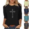 thumbnail image 1 of YanHoo 3/4 Length Sleeve Womens Tops Casual Crew Neck Easter Shirts Plus Size Christian Faith Cross Graphic Blouses Loose Fit Work Shirts Light Blue,L, 1 of 6