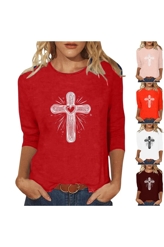 3/4 Length Sleeve Womens Tops Plus Size Crew Neck Easter Shirt Dressy Casual Blouse Jesus Cross Graphic Basic Tshirts 2026 Work Shirts Red,XXXL