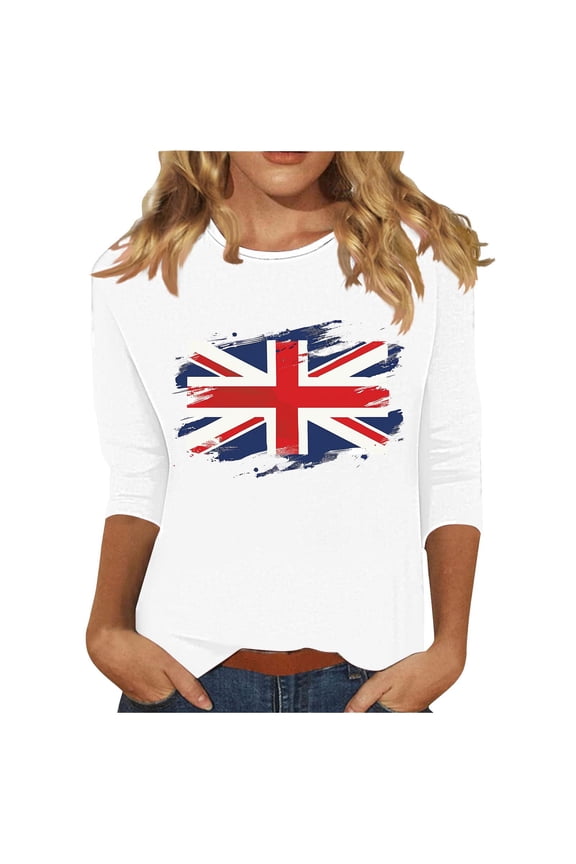 3/4 Sleeve 4th July T Shirts for Women USA Flag Graphic Patriotic Shirts for Women,Womens 4th of July Shirt,Stars & Stripes Red Blue White Tops for Women