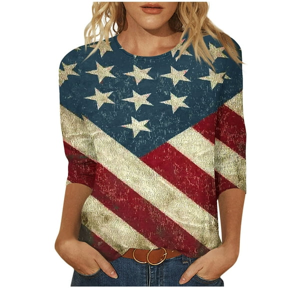 YanHoo 3/4 Sleeve 4th July T Shirts for Women USA Flag Graphic Patriotic Shirts for Women,Womens 4th of July Shirt,Stars & Stripes Red Blue White Tops for Women