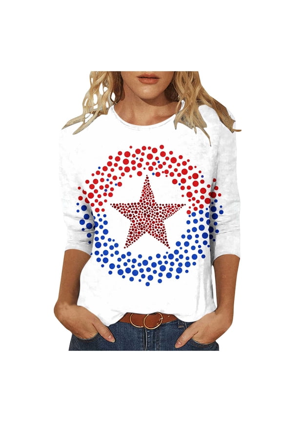 3/4 Sleeve 4th July T Shirts for Women USA Flag Graphic Patriotic Shirts for Women,Womens 4th of July Shirt,Stars & Stripes Red Blue White Tops for Women