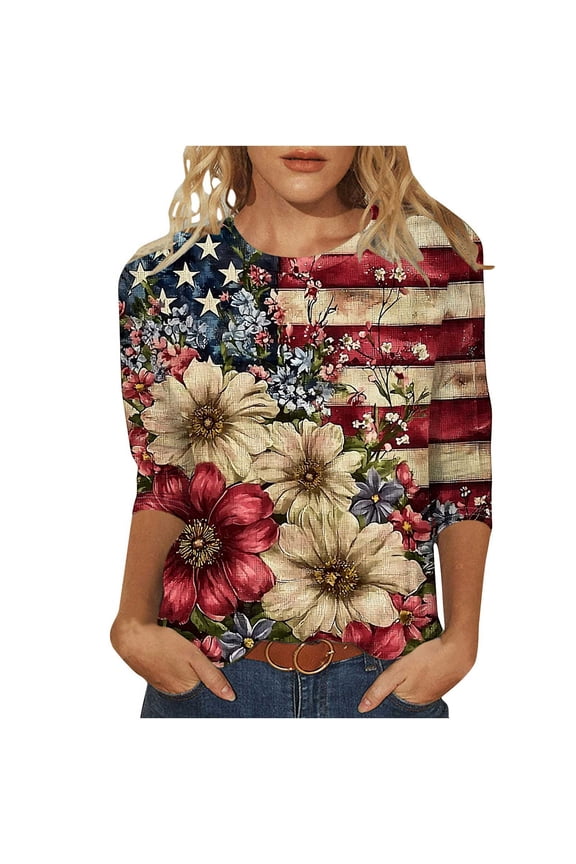 3/4 Sleeve 4th July T Shirts for Women USA Flag Graphic Patriotic Shirts for Women,Womens 4th of July Shirt,Stars & Stripes Red Blue White Tops for Women