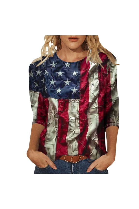3/4 Sleeve Patriotic Tops for Women 4th of July Outfits for Women Shirts Outfits