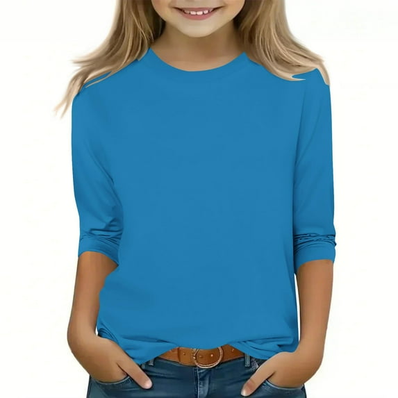 YanHoo 3/4 Sleeve Shirts for Girls Casual Round Neck T-Shirts Kids Child Solid/Printed 3/4 Length Sleeve Pullover Tops Cute Tee Shirts Teen Girls Shirts Sale