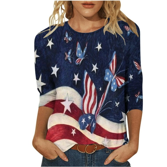 YanHoo 3/4 Sleeve Shirts for Women Plus Size USA Flag Graphic Patriotic Shirts for Women,Womens 4th of July Shirt,Stars & Stripes Independence Day Shirts for Women