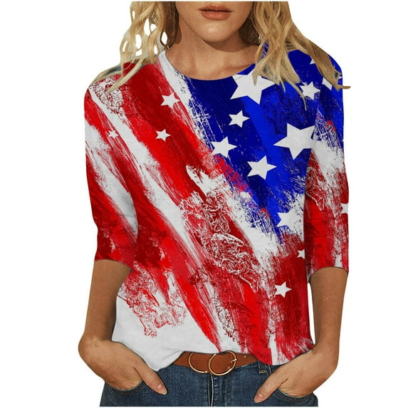 YanHoo 3/4 Sleeve Tops for Women 2024 Summer Going Out 3/4 Sleeve Womens Length Tops,4th of July USA Flag Graphic Trendy 3/4 Sleeve Shirt,Girls Fashion Stylish Casual Blouse