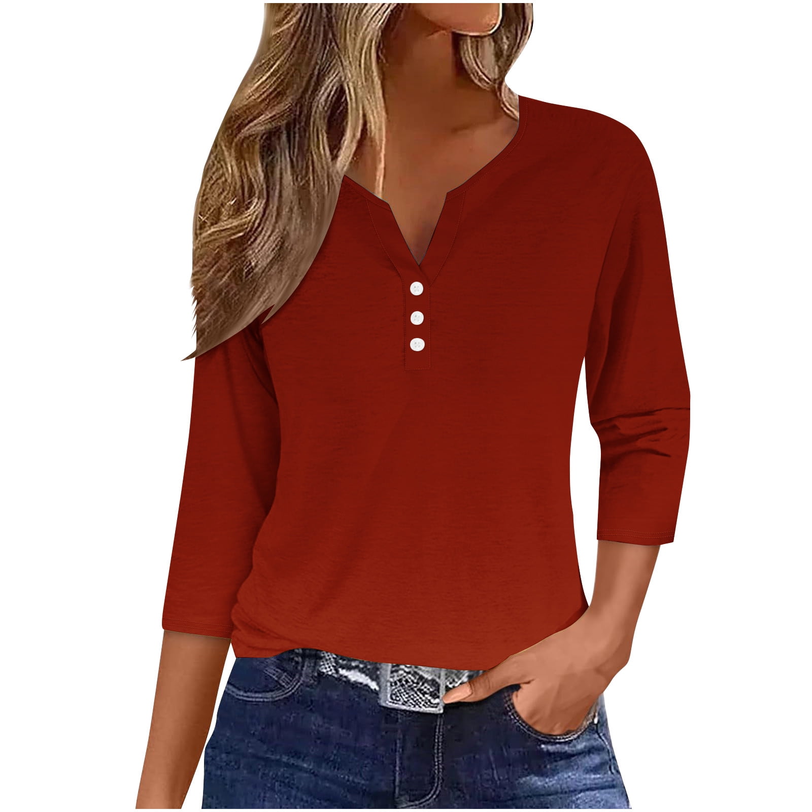 YanHoo 3/4 Sleeve Tops for Women 3/4 Sleeve V Neck Loose Fit Top