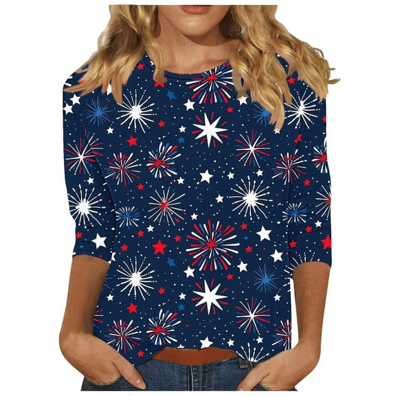 YanHoo 4th of July 3/4 Sleeve Shirt for Women Plus Size Crewneck Stars Stripes Graphic Tee Shirts Loose Fit