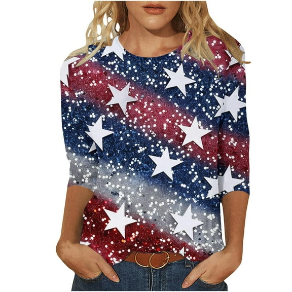 YanHoo 4th of July 3/4 Sleeve Shirt for Women Plus Size Crewneck Stars Stripes Graphic Tee Shirts Loose Fit