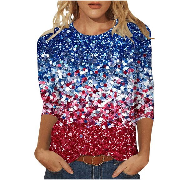 YanHoo 4th of July 3/4 Sleeve Shirt for Women Plus Size Crewneck Stars Stripes Graphic Tee Shirts Loose Fit