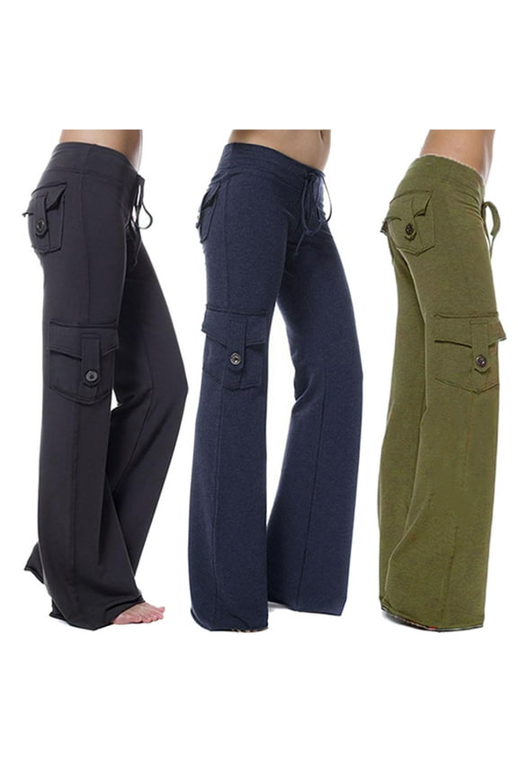 Baggy Cargo Pants for Women High Waisted Open Leg Flare Pants Bell Bottom Hiking Streetwear Bootcut Yoga Pants with Multiple Pockets Black,L