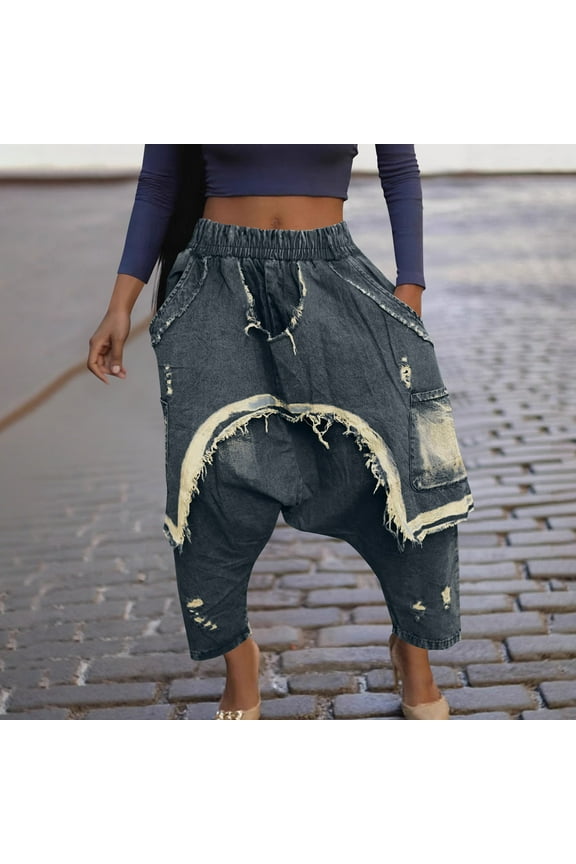 Baggy Jeans for Women Ripped Straight Leg Pants Low Waist Destroyed Denim Pants Loose Y2K Grunge Jeans Hip Hop Streetwear Blue,S