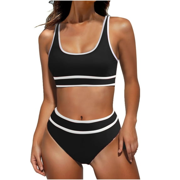 YanHoo Bathing Suit for Women High Waisted Bikini Sets Two Piece Swimsuit Sporty Tummy Control Bathing Suit Color Block Swim Suits 2024 Summer Savings Sales