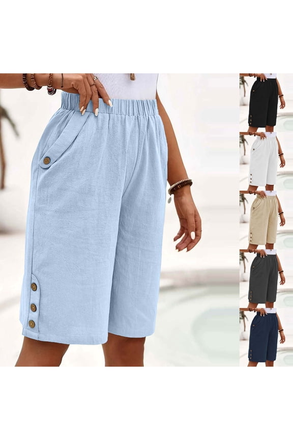 Beach Bermuda Shorts for Women Elastic Waist Side Button Trim Knee Length Shorts Summer Solid Cotton Gauze Half Pants White,L
