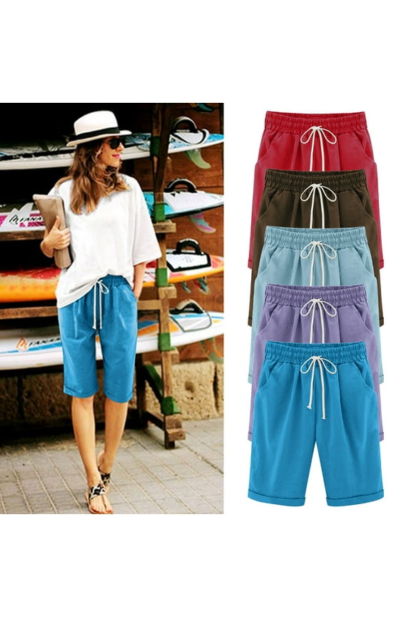 Beach Shorts for Women 2026 Vacation Summer Cotton Gauze Bermuda Shorts Knee Length Drawstring Waist Solid Short Light Blue,XXXL