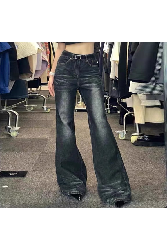 Bell Bottom Jeans for Women High Waisted Flare Stretchy Jeans Pull On Wide Leg Bootcut Jeans Vintage Y2k Streetwear Denim Pants Blue,L