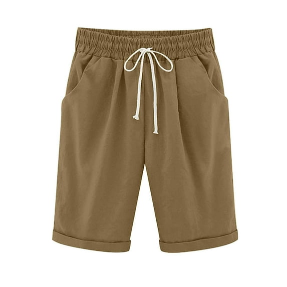YanHoo Bermuda Shorts for Women Cotton Linen Casual Shorts Drawstring Comfy Drawstring Elastic Waist Shorts High Waist Cuffed Hem Bermuda Short with Pockets