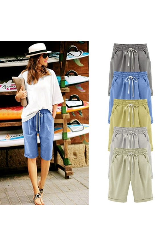 Bermuda Shorts for Women Cotton Gauze Lounge Knee Length Shorts Drawstring Waist Solid Beach Short with Pockets Blue,XL