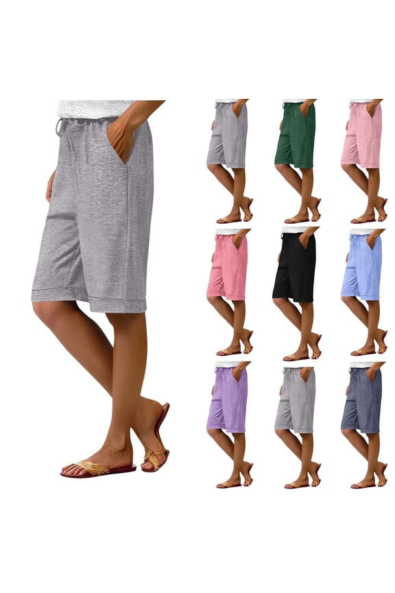 Bermuda Shorts for Women Knee Length Straight Workout Shorts Drawstring Waist Plain Casual Half Pants with Pockets Black,S