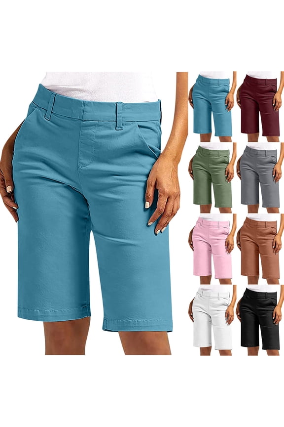 Bermuda Shorts for Women Plus Size Casual Stretchy Knee Length Shorts Outdoor Hiking Twill Short Chinos with Pockets Pink,M