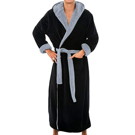 YanHoo Big and Tall Mens Hooded Robe, Plush Robes for Men Long Fleece Bathrobe Colorblock Spa Bath Robe Black,L